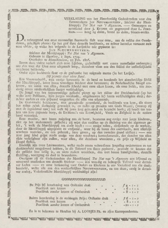 Explanation accompanying the print with the memorial for Jan Nieuwenhuyzen, 1806, Explanation of the Symbolic Memorial for the Reverend Jan Nieuwenhuyzen, text sheet, Printed explanation accompanying the print with the allegorical memorial for Jan Nieuwenhuyzen, who died on February 24, founder of the Society for the Benefit of the General Public. Explanation of the image and a price list of the various available editions., publisher: Adriaan Pietersz. Loosjes, Haarlem, 1806 - 1807, paper, letterpress printing, text in letterpress, height 210 mm x width 162 mm, Person, Jan Nieuwenhuyzen, Society for the Benefit of the General Public, Period, 1806-02-24, A single aged paper document with printed text in a serif typeface arranged in paragraphs across the page, featuring a decorative border of geometric repeating motifs around the edges and a larger initial letter at the start of the main body; the top has a centered block of bolder text set apart from the rest, and the bottom shows addit...