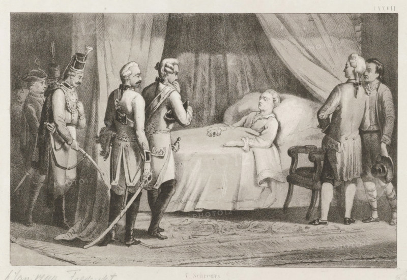Allegorical tomb monument for Prince William V, 1806, print, died on April 9, 1806. At the prince's tomb, the Historia writes history. A genius with a lyre in his hand inspires her. In the lower left, a portrait of the prince in three-quarter view to the right, accompanied by a Bible and a map. Accompanying the print is a sheet with an explanation., printmaker: Lambertus Antonius Claessens, Netherlands, publisher: J. van Ledden Hulsebosch, Amsterdam, 1800, Lambertus Antonius Claessens, J. van Ledden Hulsebosch, printmaker, publisher, paper, stippelets, listed on the print as a proof, height 232 mm x width 140 mm, Person, William V (Prince of Orange-Nassau), 'Historia', 'Historia' (RIPA), grave-building, monumental tomb, Death of William V, Period, 1806-04-09, A monochrome drawing showing a bedroom scene with a person lying propped on pillows in a large bed, one hand resting on the cover and the other near the chest, surrounded by a group of people wearing historical clothing and wigs; ...