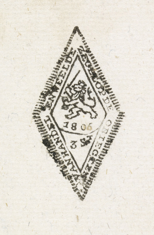 Seal on objects of trade and luxury, Seal, 1806, print, Separate impression of a diamond-shaped seal for objects of trade and luxury, of three stuivers, 1806. Dutch lion with bundle of arrows and sword, facing left., printmaker, Netherlands, paper, woodcut, vignette and text in letterpress, height 63 mm x width 79 mm, tax collection, Period, A diamond-shaped black ink stamp with a bordered inner diamond encloses a heraldic lion holding a diagonal object, with additional small markings beneath the lion; the stamp sits on textured off-white paper with visible fibers and faint speckles.