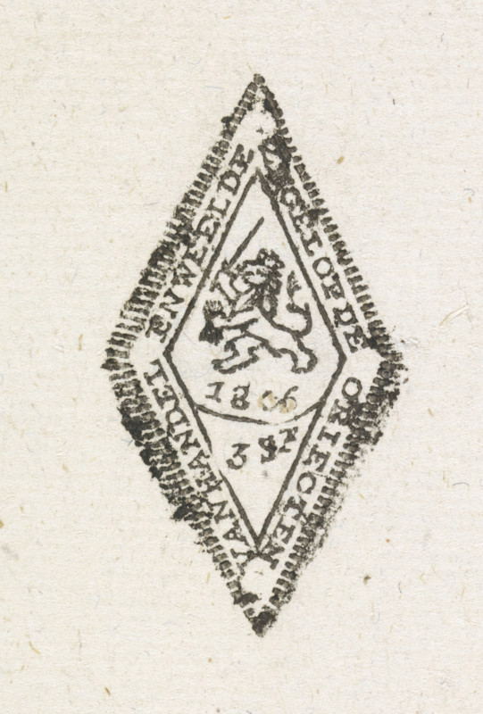 Seal on objects of trade and luxury, Seal, 1806, print, Separate impression of a diamond-shaped seal for objects of trade and luxury, of three stuivers, 1806. Dutch lion with bundle of arrows and sword, facing left., printmaker, Netherlands, paper, woodcut, vignette and text in letterpress, height 61 mm x width 80 mm, tax collection, Period, A diamond-shaped black ink stamp with a scalloped outer border contains a smaller diamond outline inside; within the inner shape a stylized lion facing left stands on its hind legs with one forepaw raised, and there are short horizontal marks below the lion; the stamp is printed on textured off-white paper with visible fibers.