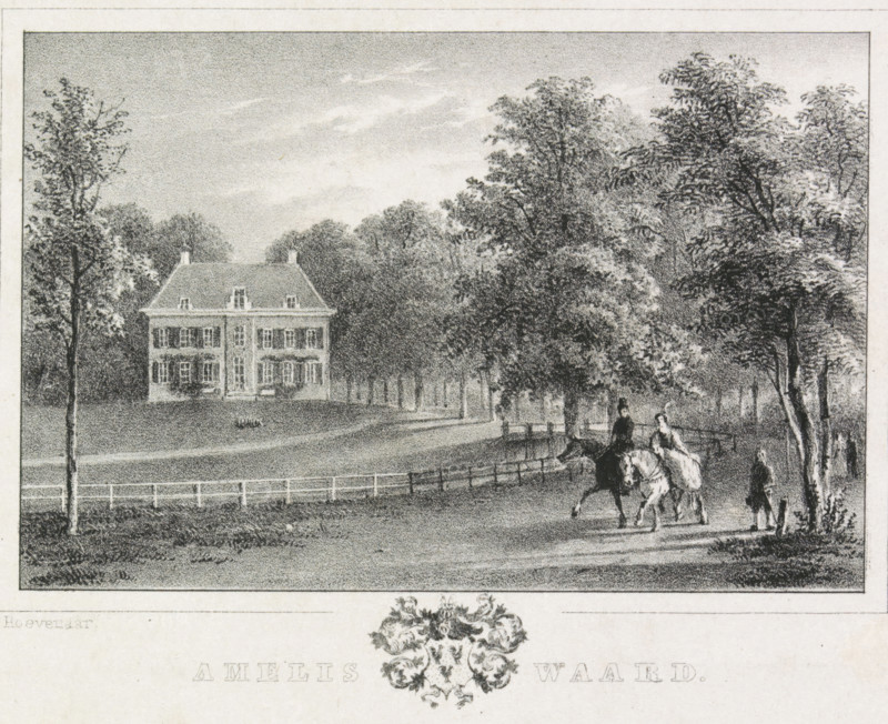 Ameliswaard Castle, 1807, Ameliswaard, pamphlet, print, View of Oud-Ameliswaard Castle, in the foreground several horsemen, in the margin a coat of arms. King Louis Napoleon was the owner of this country house for a short time in 1807 (or 1808)., printmaker: Willem Pieter Hoevenaar, Netherlands, 1840 - 1841, paper, lithography, height 99 mm x width 134 mm, According to Muller originating from: Utrechtsche Volks-Almanak voor 1841., Person, Louis Napoleon (King of Holland), castle, Oud-Amelisweerd, Period, 1807 - 1808, A shaded landscape showing a large rectangular house with a steep roof and multiple symmetrically arranged windows set back behind a low fence, surrounded by abundant leafy trees of varying heights, a wide foreground path curving past the house, and a group of riders on horseback and walking figures near the path beneath the trees.