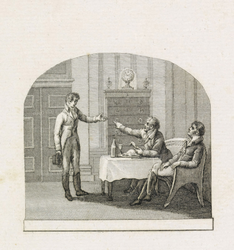Title page for: De Gardes d'Honneur in vier zangen, Dirk Hendrik ten Kate van Loo, The Hague 1815, print, title page, Vignette for the title page of a book about the Gardes d'Honneur. A young man is designated by Prefect Antoine de Celles for compulsory service in Napoleon's guard of honour, April 1813., printmaker: Reinier Vinkeles (I), Netherlands, after drawing by Abraham Vinkeles, 1813 - 1815, Reinier Vinkeles (I), Abraham Vinkeles, printmaker, after drawing by, paper, etching, engraving, etching and engraving, proof before the letter, height 228 mm x width 140 mm, Used as an illustration in: De Gardes d'Honneur in four cantos, The Hague: Johannes Allart, 1815., Person, Antoine de Celles, guard of honor, forced conscription, press ganging, Period, 1813-04, A monochrome engraving shows an interior scene with three men in period clothing; one man stands at the left holding a hat and extending his hand, another man sits at a table gesturing toward the standing man while a dish and a b...