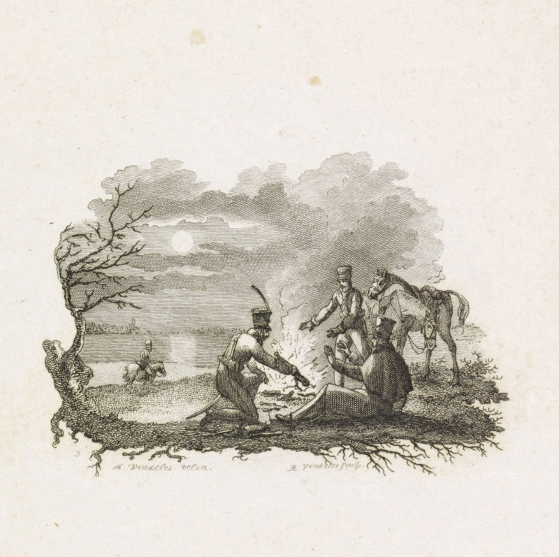 Bivouac of the Gardes d'Honneur, print, Bivouac of some members of Napoleon's honor guard April 1813. Three soldiers warm themselves around a campfire. Illustration for a book about the Gardes d'Honneur., printmaker: Reinier Vinkeles (I), Netherlands, after drawing by Abraham Vinkeles, 1813 - 1815, Reinier Vinkeles (I), Abraham Vinkeles, printmaker, after drawing by, paper, etching, engraving, etching and engraving, proof before the letter, height 225 mm x width 141 mm, Used as illustration in: De Gardes d'Honneur in four songs, Dirk Hendrik ten Kate van Loo, The Hague: Johannes Allart, 1815., camp-fire, watch-fire, guard of honor, guard of honour, Period, 1813-04, A detailed pen-and-ink scene shows a group of men gathered around a small fire on a grassy riverbank, with two men seated and one kneeling near the flames, another standing nearby, and a horse standing beside them; a distant rider on horseback is visible by the water, and a tree with bare twisting branches frames the left si...