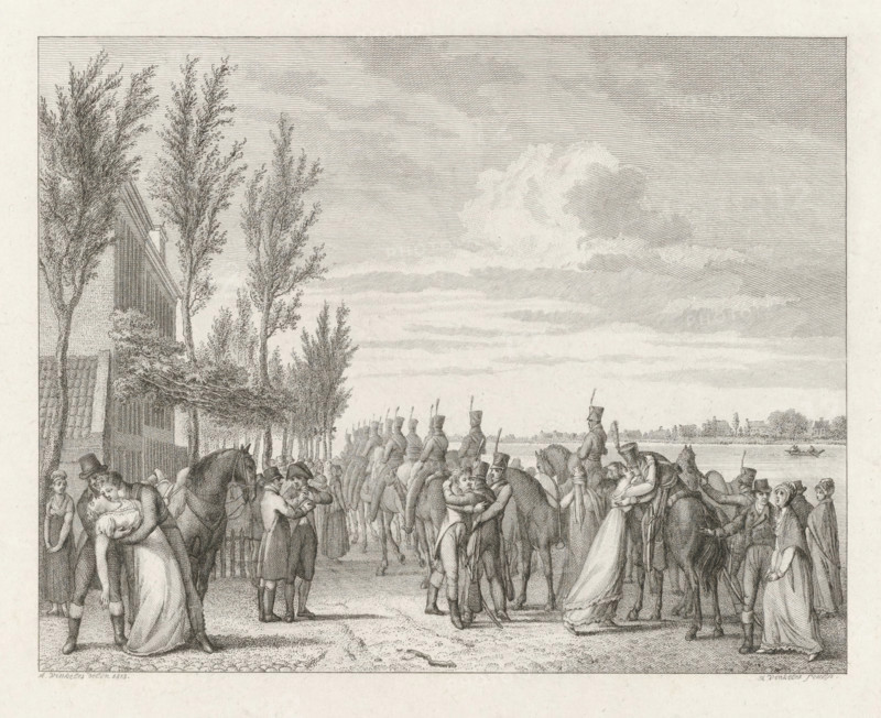 Departure of the Gardes d'Honneur from Amsterdam, 1813, print, Conscripted members of Napoleon's guard of honour bid farewell to family and loved ones and leave Amsterdam, April 1813., printmaker: Reinier Vinkeles (I), Netherlands, after drawing by Abraham Vinkeles, 1813 - 1815, paper, etching, engraving, etching and engraving, proof print before the letter, height 237 mm x width 292 mm, Used as illustration in: De Gardes d'Honneur in vier zangen, Dirk Hendrik ten Kate van Loo, The Hague: Johannes Allart, 1815., guard of honour, taking leave, Amsterdam, Period, 1813-04, A detailed black and white engraving shows a crowded riverside scene with rows of tall, narrow trees along the left side and a wide sky filled with layered clouds above. A line of mounted soldiers in uniform advances along a path, horses facing forward and riders sitting upright with musical and military instruments among them. Groups of civilians cluster along the roadside, some embracing or mourning, others gesturing ...