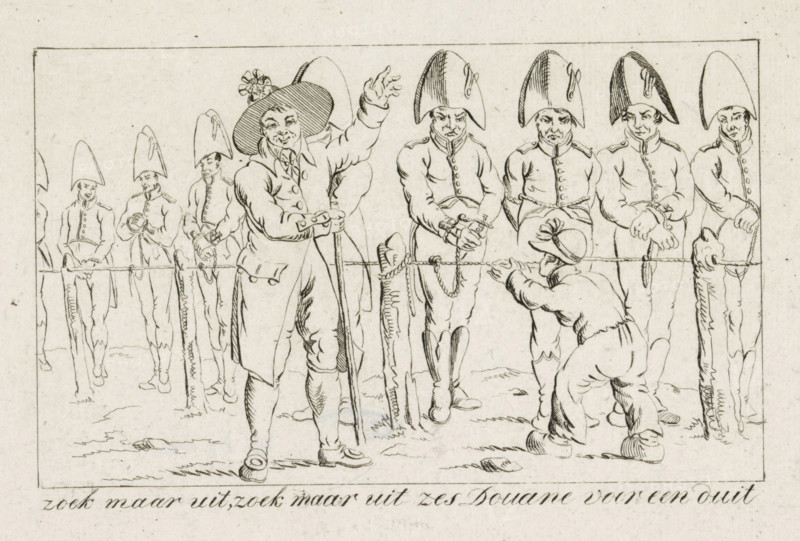 Figure it out yourself, figure it out yourself six Customs officers for a penny, Caricature of the customs officers, 1813, cartoon, print, A cattle dealer adorned with an orange cockade sells French customs officers as if they were cattle. The customs officers are standing behind a barrier waiting, a small boy mocks them. Riots broke out in Amsterdam on November 15, following news of Napoleon's defeat at Leipzig., printmaker: Jacob Smies (possibly), Netherlands, Jacob Smies, printmaker, paper, etching, engraving, etching and engraving, height 130 mm x width 195 mm, customs, Amsterdam, Period, 1813-11-15, A pen and ink scene shows a row of uniformed men standing behind a horizontal rope, each wearing tall bicorne hats and buttoned coats with visible collars and cuffs; one central figure wears a wide-brimmed hat with a decorative element and a long coat, holding a staff and gesturing with an outstretched hand while looking forward; another figure in front of the rope is crouched and reac...