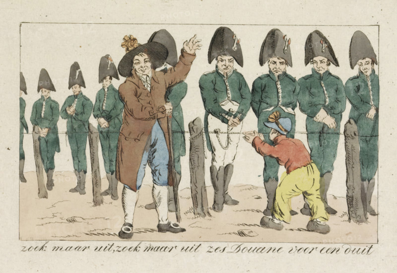 Caricature of the customs officers, 1813, Figure it out yourself, figure it out yourself six Customs for a penny, cartoon, print, A cattle dealer adorned with an orange cockade sells French customs officers as if they were cattle. The customs officers stand waiting behind a barrier, a small boy mocks them. Riots broke out in Amsterdam on November 15, following news of Napoleon's defeat at Leipzig., printmaker: Jacob Smies (possibly), Netherlands, Jacob Smies, printmaker, paper, etching, engraving, hand coloring, etching and engraving, hand-colored, height 130 mm x width 195 mm, customs, Amsterdam, Period, 1813-11-15, A row of men in dark green uniforms and tall black hats stand behind a rope, each with hands clasped or resting at their fronts, facing forward with neutral expressions; one man in a brown coat and wide-brimmed hat decorated with a flower stands in front of them holding a staff and raising an arm, while a shorter figure wearing a blue cap, red jacket, and bright yellow tro...