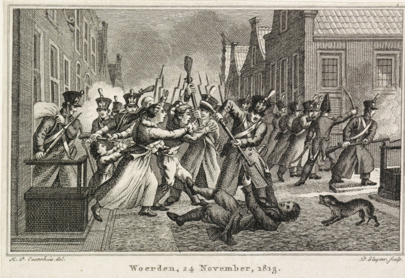 Woerden, 24 November, 1813, Plundering of Woerden, print, Plundering of Woerden by the French, 24 November 1813. View of a street where men and women are being mistreated by the soldiers., printmaker: Dirk Sluyter, Netherlands, after drawing by Haatje Pieters Oosterhuis, paper, etching, engraving, etching and engraving, height 82 mm x width 120 mm, plundering, soldiers, Period, 1813-11-24 - 1813-11-25, A crowded street scene rendered in fine dark lines shows uniformed soldiers with tall hats and long coats clashing with civilians wearing plain garments and cloaks; several figures grapple with muskets and bayonets while others push or pull, a few people fall to the ground and one figure lies prone, a small dog stands near the fallen figures, smoke puffs rise near the right side where a soldier aims a curved weapon, buildings with many windows and tiled roofs line both sides of the street, and architectural details include doorways, window frames, and a raised platform at the left where ...