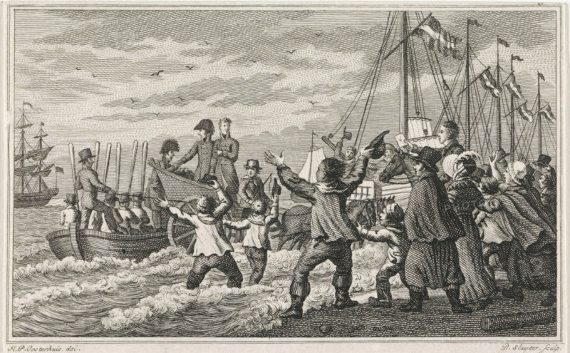 Arrival of the Prince of Orange at Scheveningen, 1813, print, The arrival of Prince William Frederick as sovereign ruler on the beach of Scheveningen on November 30, 1813., printmaker: Dirk Sluyter, Netherlands, after drawing by Haatje Pieters Oosterhuis, 1813 - 1850, paper, etching, engraving, etching and engraving, height 75 mm x width 120 mm, Person, William I of the Netherlands, being welcomed, travelling, homage to a ruler, Arrival of William I Frederick in the Netherlands (1813), Scheveningen, Period, 1813-11-30, A detailed black and white engraving shows a busy shoreline scene with people gathered at the water’s edge and small boats near the shore. Figures in period clothing stand on sand and in shallow water, some with arms raised, others reaching toward a boat where uniformed men stand. Rowboats and a larger ship with tall masts and flags are visible in the water, and oars protrude from one of the boats. Waves lap at the shore with textured lines indicating foam, and seabirds ...