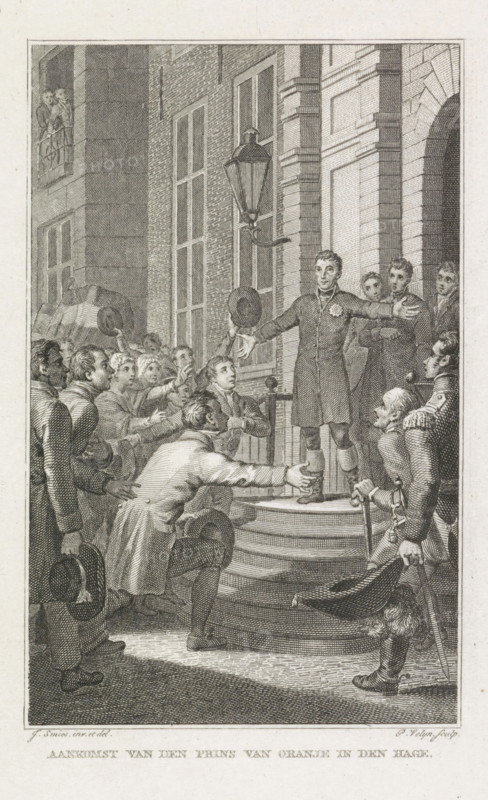 Arrival of the Prince of Orange in The Hague, Prince of Orange in The Hague, 1813, print, historical print, The Prince of Orange standing on the platform in front of the house of Leopold, Count of Limburg Stirum in The Hague on November 30, 1813. On the left, the cheering crowd., printmaker: Philippus Velijn, Netherlands, after drawing by Jacob Smies, 1823 - 1829, paper, etching, height 240 mm x width 151 mm, Used as an illustration in: PG Witsen Geysbeek and G. Engelberts Gerrits, Beauties and remarkable scenes from Dutch history. 8 vols, Amsterdam: G. Portielje, 1825-1829., Person, William I of the Netherlands, Leopold Count van Limburg Stirum, being welcomed, travelling, homage to a ruler, Arrival of William I Frederick in the Netherlands (1813), The Hague, Period, 1813-11-30, A detailed engraving of a crowd gathered on stone steps in front of a building with tall windows and arched masonry, showing a central male figure standing on the top step with arms extended and a decorative r...