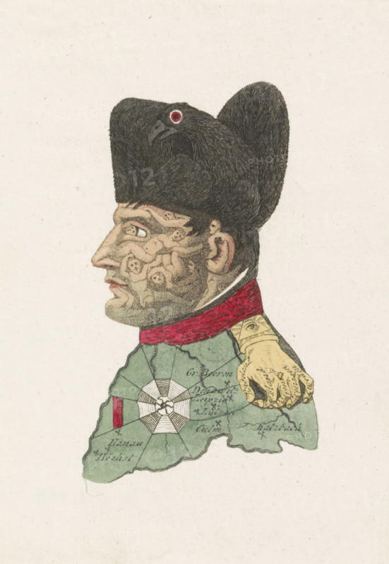 Cartoon of Napoleon, 1813, cartoon, print, Caricature of Napoleon from 1813 in which his face is constructed from the corpses of his victims, his hat is the Prussian eagle, his epaulet is a grasping hand whose fingers are his enemies and the wrist the All-Seeing Eye. The collar is a river of blood, his coat the battlefield of Europe and the insignia of the Legion of Honor on his chest is a spiderweb. A separate explanation accompanies the print., printmaker, publisher, Amsterdam, Netherlands, paper, etching, hand coloring, hand-colored etching, height 137 mm x width 90 mm, Person, Napoleon I (Emperor of the French), political caricatures and satires, Napoleonic Wars, Period, A side profile of a man wearing a tall black fur hat with a bird-shaped crest integrated into the hat, showing a red ringed eye, a hooked beak, and textured black feathers; the man's face is pale with pronounced nose and chin, marked with textured spots and blemishes, and he has short dark hair and a visible ear. H...