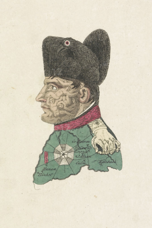 Cartoon of Napoleon, 1813, cartoon, print, Caricature of Napoleon from 1813 in which his face is constructed from the corpses of his victims, his hat is the Prussian eagle, his epaulet is a grasping hand whose fingers are his enemies and the wrist the All-Seeing Eye. The collar is a river of blood, his coat the battlefield of Europe and the insignia of the Legion of Honor on his chest is a spiderweb. A separate explanation accompanies the print., printmaker, publisher, Amsterdam, Netherlands, paper, etching, hand coloring, hand-colored etching, height 137 mm x width 90 mm, Person, Napoleon I (Emperor of the French), political caricatures and satires, Napoleonic Wars, Period, A sideways portrait of a man formed from a map, showing a profile with a hooked nose, pronounced brow, and textured skin marked by circular raised patterns; he wears a dark bicorne hat with a small round eye-like detail on its side and dark hair beneath, a high collar in deep red, and a green coat whose surface sho...