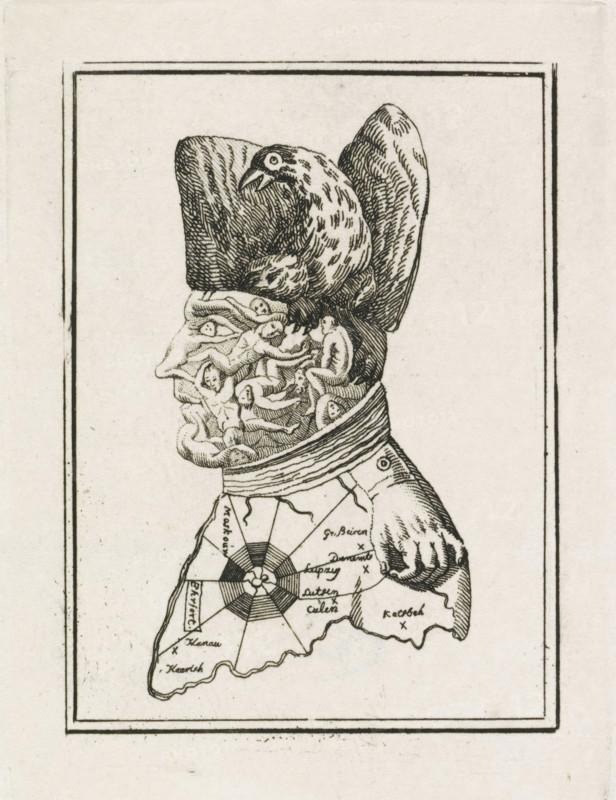 Cartoon of Napoleon, 1813, cartoon, print, Caricature of Napoleon from 1813 in which his face is constructed from the corpses of his victims, his hat is the Prussian eagle, his epaulet is a grasping hand. The collar is a river of blood, his coat the battlefield of Europe and the insignia of the Legion of Honor on his chest is a spiderweb., printmaker, Netherlands, paper, etching, height 120 mm x width 90 mm, Person, Napoleon I (Emperor of the French), political caricatures and satires, Napoleonic Wars, Period, A black ink drawing of a figure in profile wearing a tall hat with large rounded ear-like extensions, the head area composed of intertwined small human figures and a detailed bird perched atop the head, the figure dressed in a garment that displays a segmented circular diagram and irregular map-like shapes, all enclosed within a double-lined rectangular border on a blank background.