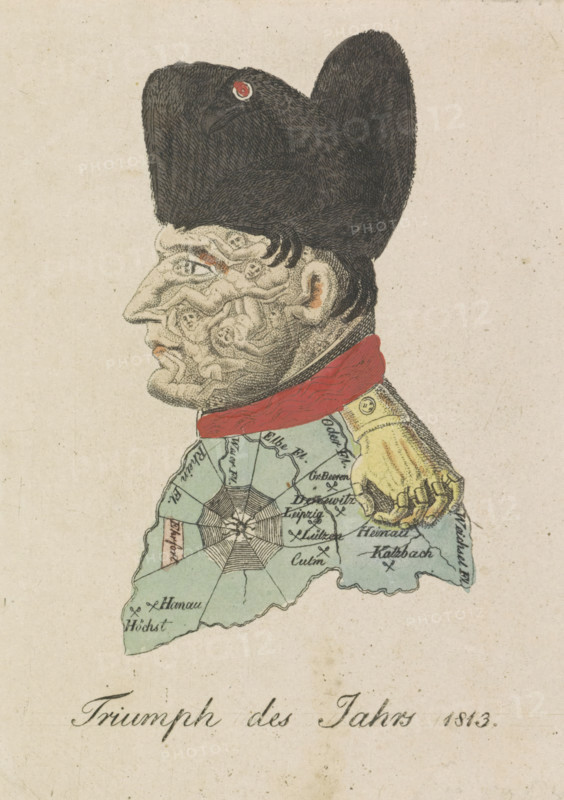 Triumph of the Year 1813, Caricature of Napoleon, 1813, cartoon, print, Caricature of Napoleon from 1813 in which his face is constructed from the corpses of his victims, his hat is the Prussian eagle, his epaulet is a grasping hand. The collar is a river of blood, his coat the battlefield of Europe and the insignia of the Legion of Honor on his chest is a spiderweb., printmaker, Germany, paper, etching, engraving, hand coloring, etching and engraving, hand colored, height 123 mm x width 91 mm, Person, Napoleon I (Emperor of the French), political caricatures and satires, Napoleonic Wars, Period, A composite illustration shows a man's profile formed from varied elements: his head and hat are rendered with dark, textured shading and a birdlike eye, his facial features are made up of numerous small sculpted faces and wrinkled textures, a red collar encircles his neck, the torso area is depicted as a pale green map with segmented regions and radial lines, and a yellow gloved hand rests on...