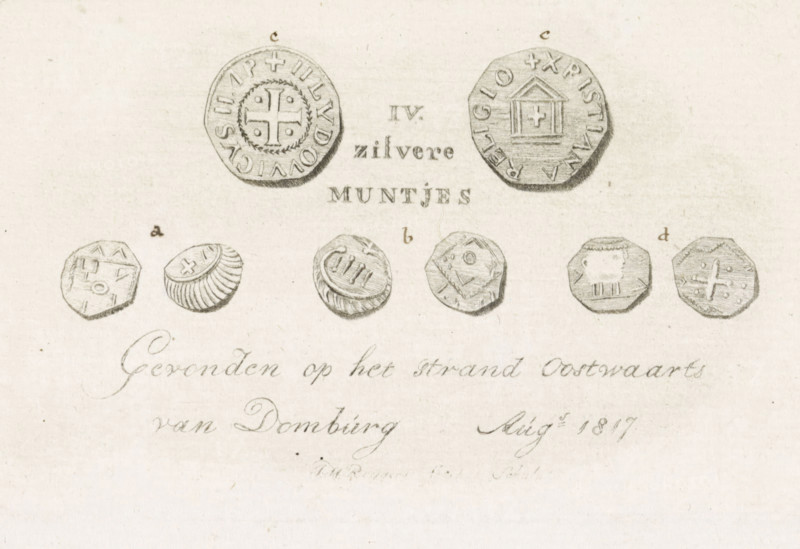 Silver coins found on the beach near Domburg, 1817, IV. silver coins Found on the beach East of Domburg Aug.s 1817, print, Four silver coins found on the beach east of Domburg, August 1817. The coins are indicated by the letters ad, both sides depicted. A separate explanation accompanies the print., printmaker: Johannes Hubertus Reygers, Netherlands, paper, etching, engraving, etching and engraving, height 70 mm x width 115 mm, coin, Domburg (Zeeland), Period, 1817-08, A faded drawing of several small round and polygonal coins arranged in two horizontal rows on a light textured background, the top row showing two larger coins with circular and octagonal outlines and central motifs resembling crosses and architectural shapes, and the bottom row displaying a series of smaller coins with varied edges and surface patterns including ridges, incised lines, and simple geometric marks, all rendered in fine pencil shading with soft shadows and a few handwritten flourishes partially visible bene...