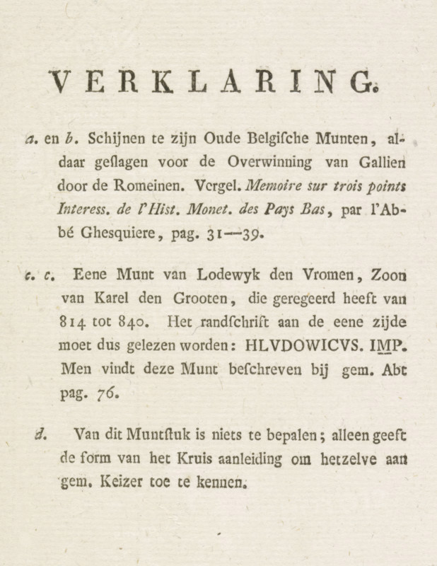 Explanation, Explanation accompanying the print with the silver coins found on the beach near Domburg, 1817, text sheet, Text sheet with a description of the four silver coins found on the beach east of Domburg, August 1817. Folded sheet printed on one side., publisher: anonymous, Netherlands, paper, etching, engraving, etching and engraving, height 70 mm x width 115 mm, coin, Domburg (Zeeland), Period, 1817-08, A section of aged off-white paper with printed dark serif text arranged in several centered and left-aligned lines, featuring a large bold heading near the top in spaced capital letters and multiple paragraphs of smaller type below, faint paper texture and tiny speckles visible across the page, and a wide blank margin toward the bottom.