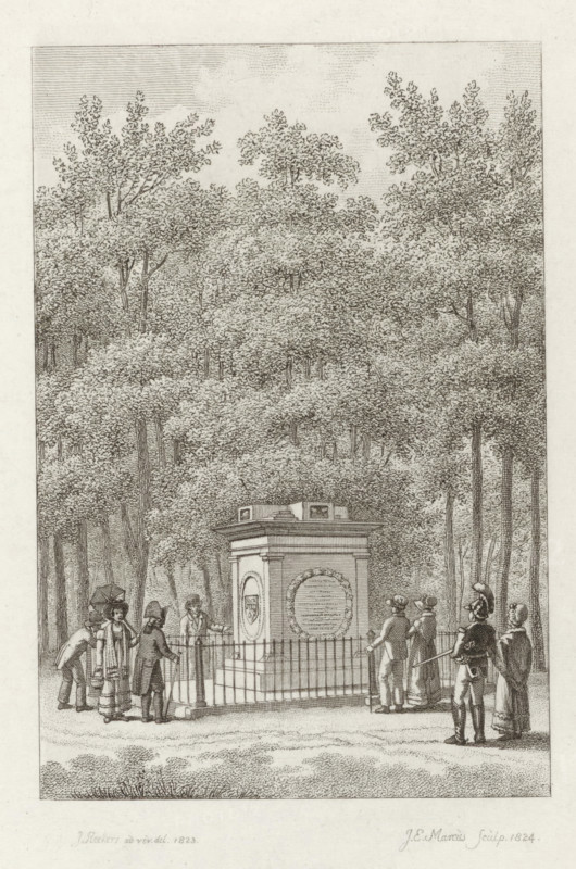 Memorial stone for Coster on the 400th anniversary of the invention of the printing press, 1823, print, Monument for Coster erected in the Haarlemmerhout during the celebration of the 400th anniversary on July 10-11, of the invention of the printing press by Laurens Jansz. Coster in Haarlem in 1423., printmaker: Jacob Ernst Marcus, Netherlands, after drawing by Johannes Reekers (I), 1824, paper, etching, engraving, etching and engraving, proof print before the letter, height 236 mm x width 140 mm, Used as illustration in: Vincent Loosjes, Memoirs regarding the fourth century of the invention of printing by Lourens Janszoon Koster, celebrated by the city in Haarlem on July 10 and 11, 1824., Person, Laurens Janszoon Coster, monument, statue, printing, Haarlem, Haarlemmerhout, Period, 1823-07-10 - 1823-07-11, A densely wooded scene with tall trees filling the upper area and forming a leafy canopy, beneath which a rectangular stone monument stands surrounded by a low metal fence; several p...