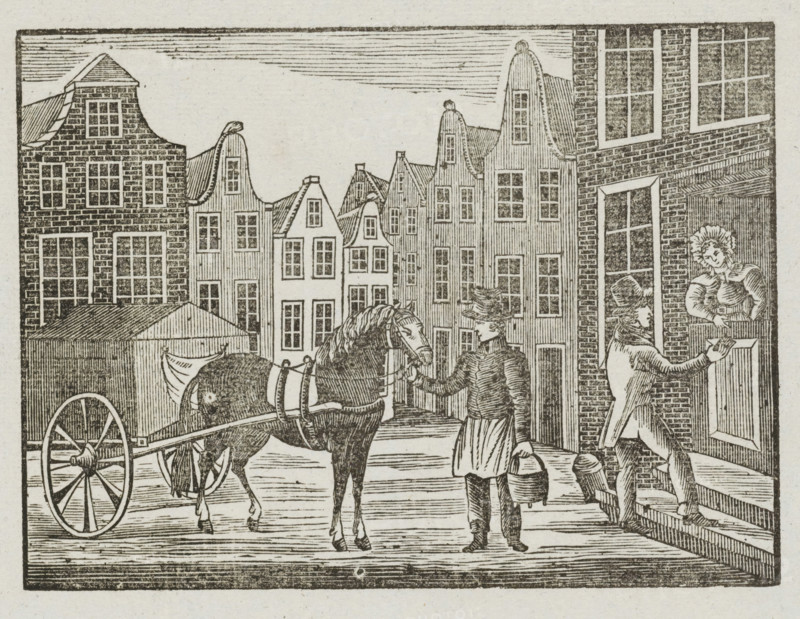 Asch-Karmans Kermis-Wensch, 1843, Fair print of the Amsterdam ash cart men for the year 1843, print, fair print, Fair print on behalf of the ash cart men (cart man or garbage collector) in Amsterdam for the year 1843. View of a street in Amsterdam with a man standing with an ash bucket by the cart while another man collects money door-to-door. At the bottom, a poem in two columns. On behalf of JD Farjon, the ash cart man of district no. 19., printmaker, printer (person), Amsterdam, paper, letterpress printing, woodcut, text in letterpress with image in woodcut, height 341 mm x width 210 mm, garbage collection, public road - II - ideal city, Period, A monochrome etching shows a street scene with tall narrow houses featuring stepped and curved gables and many windows, a horse harnessed to a two-wheeled cart with visible spokes and draped cloth, and three human figures in period clothing. One figure stands beside the horse holding its bridle and carrying a round container, wearing a long ...
