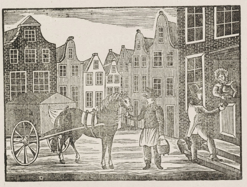 Asch-Karmans Kermis-Wensch, 1844, Fair print of the Amsterdam ash cart men for the year 1844, print, fair print, Fair print on behalf of the ash cart men (cart man or garbage collector) in Amsterdam for the year 1844. View of a street in Amsterdam with a man standing with an ash bucket by the cart while another man collects money door-to-door. At the bottom, a poem in two columns. On behalf of JD Farjon, the ash cart man of district no. 19., printmaker, printer (person), Amsterdam, paper, letterpress printing, woodcut, text in letterpress with image in woodcut, height 335 mm x width 210 mm, garbage collection, public road - II - ideal city, Period, A street scene rendered in a black and white woodcut style shows tall narrow buildings with stepped and curved gables lining the background, each facade detailed with multiple rectangular windows and vertical or brick textures; in the foreground a horse hitched to a cart with large spoked wheels stands beside a man wearing a hat and knee-len...