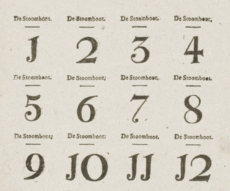 Number card for the Steamboat Game, ca. 1823-1829, text sheet, Text sheet with number card 1-12 for the board game called Steamboat Game. Part of a group of children's and parlor games printed in the period ca. 1750-1850., printer (person): Theodorus Johannes Wijnhoven-Hendriksen, Rotterdam, 1823 - 1829, Theodorus Johannes Wijnhoven-Hendriksen, printer (person), paper, letterpress printing, text in letterpress, height 143 mm x width 167 mm, paddle-wheel boat, board-games of chance, A sheet with a repeating printed layout showing rows of large dark numerals in a worn serif style, each numeral centered beneath a short horizontal line and small decorative printed labels; the paper has a textured, off-white tone with visible speckles and slight discoloration, and the ink shows uneven density and small spots where it is faded or smudged.