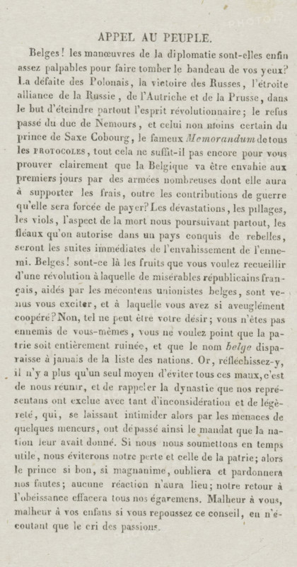 Appeal to the people, Leaflet concerning the election of the Belgian king, 1831, text sheet, Leaflet with text in French regarding the diplomatic negotiations on the choice of a Belgian king, February 1831. The content is in favor of the House of Orange., printer (person), Netherlands, paper, letterpress printing, text in letterpress, height 171 mm x width 110 mm, Election of the king in Belgium, Period, A vertically oriented, slightly yellowed sheet of printed paper with a centered heading in larger type near the top and multiple lines of evenly spaced, justified body text filling the page from near the top to near the bottom, printed in a serif font with clear word spacing and occasional italicized words, the paper showing faint texture and small age spots distributed across its surface, margins visible on all sides and slightly wider at the bottom, and the overall page appearing worn but intact.