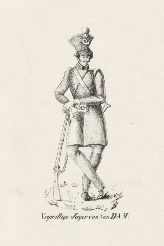 Volunteer Hunter of Van Dam, 1830, Volunteer Hunter of Van Dam 1830, print, costume print, Uniform of a Volunteer Hunter of Van Dam, 1830. Standing, leaning on his rifle., printmaker, Netherlands, paper, lithography, lithografie, height 185 mm x width 147 mm, (military) uniforms, clothes, costume, uniform, volunteer hunters, Period, 1830 - 1831, A detailed black and white illustration shows a standing soldier wearing a tall, decorated shako hat with a round ornament on top and a plume-like badge on the front, a high-collared coat with a sash worn diagonally across the chest, and a belt with a pouch at the waist; the soldier rests both hands on the butt of a long musket that stands upright with its stock on the ground, the legs are crossed at the ankles and the feet are shod, and the figure stands on a small patch of grass.