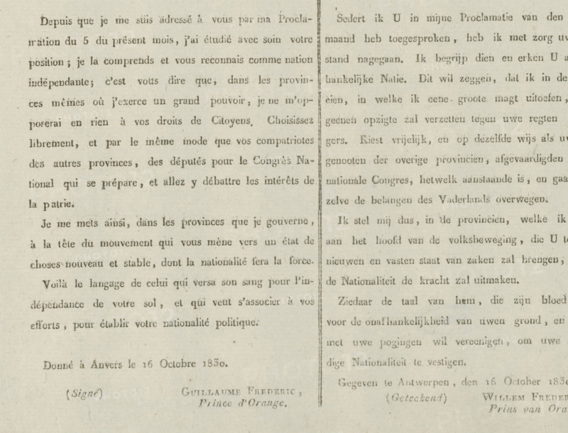 Proclamation., Proclamation of the Prince of Orange, 1830, text sheet, proclamation, Proclamation of the Prince of Orange from Antwerp, in which he recognizes the wish of the Belgians for an independent state, October 16, 1830. Text in French and Dutch, in two columns side by side., writer (clerical worker): William II of the Netherlands, Antwerp, 1830-10-16, printer (person), writer (clerical worker), paper, letterpress printing, text in letterpress, height 147 mm x width 186 mm, Person, Belgian Revolution, Period, A close-up of an old printed page showing two columns separated by a vertical line, each column filled with evenly spaced lines of small serif type. The paper is a faded off-white with visible grain and slight discoloration, and the ink appears unevenly faded in places. Margins at the bottom reveal a few larger, slightly bolder lines of type and a parenthetical word near the left margin. The right column mirrors the left with similar text density and spacing, and the vertic...