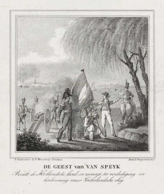 The Spirit of Van Speyk Inspires the Dutch land and sea forces for the defense and protection of our Dutch flag, The Spirit of Jan van Speyk, 1831, print, Various soldiers in a landscape. In the space between the figures, the hidden figure of Jan van Speyk can be discerned. In the distance, the blew-up of Jan van Speyk's gunboat on the Scheldt off Antwerp on February 5, 1831., printmaker: Roelof van der Meulen, after design by Evert Maaskamp, Netherlands, printer (person): Desguerrois & Co., Amsterdam, publisher: Evert Maaskamp, Roelof van der Meulen, Evert Maaskamp, Desguerrois & Co., printmaker, after design by, printer (person), publisher, paper, lithography, lithografie, height 237 mm x width 165 mm, Person, Jan van Speyk, battle, fighting in general, Self-sacrifice of Jan van Speyk, Antwerp, Period, 1831-02-05, A monochrome engraved scene framed by a double border shows a riverside or coastal landscape with a large drooping tree on the right and distant water and sails in the back...