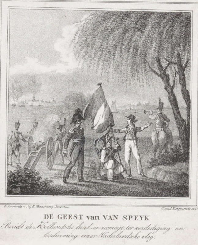 The Spirit of Van Speyk Inspires the Dutch land and sea forces for the defense and protection of our Dutch flag, The Spirit of Jan van Speyk, 1831, print, Various soldiers in a landscape. In the space between the figures, the hidden figure of Jan van Speyk can be discerned. In the distance, the explosion of Jan van Speyk's gunboat on the Scheldt off Antwerp on February 5, 1831., printmaker: Roelof van der Meulen, after design by Evert Maaskamp, Netherlands, printer (person): Desguerrois & Co., Amsterdam, publisher: Evert Maaskamp, Roelof van der Meulen, Evert Maaskamp, Desguerrois & Co., printmaker, after design by, printer (person), publisher, paper, lithography, lithografie, height 150 mm x width 128 mm, Person, Jan van Speyk, battle, fighting in general, Self-sacrifice of Jan van Speyk, Antwerp, Period, 1831-02-05, A grayscale engraving showing a riverside scene with soldiers and figures in period dress under a large weeping tree whose long drooping branches fill the upper right. In...