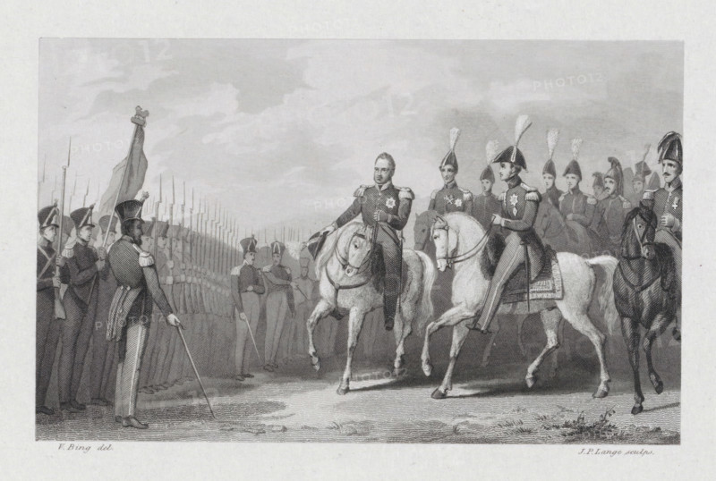 King William I visits the army camp at Rijen, 1831, print, historical print, King William I inspects the Dutch troops during his visit to the army camp at Rijen, July 23, 1831., printmaker: Johannes Philippus Lange, Netherlands, after drawing by Valentijn Bing, 1843 - 1845, paper, chine collé, steel engraving, height 143 mm x width 230 mm, Used as an illustration in: The Life and Reign of HM William I, King of the Netherlands, Grand Duke of Luxembourg etc., etc., by G. Engelberts Gerrits. Amsterdam : Van Kampen, 1845., Person, William I of the Netherlands, review, inspection (of company, unit, troop), Belgian Revolution, Rijen, Period, 1831-07-23, A grayscale engraving shows a line of uniformed soldiers standing at attention on the left, many holding long rifles and wearing tall hats, with a flag raised among them; two mounted officers in decorated uniforms ride forward on light-colored horses in the center, surrounded by other mounted and standing officers wearing plumed helmets and e...