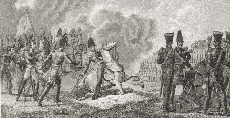 Battle of Boutersem, 1831, print, The horse of the Prince of Orange is wounded in the Battle of Boutersem, August 12, 1831. The prince is being handed another horse. On the right, several soldiers by a piece of artillery., printmaker, Netherlands, paper, etching, engraving, etching and engraving, height 81 mm x width 152 mm, Person, William II of the Netherlands, fighting horses, Boutersem, Period, 1831-08-12, A detailed black and white engraving shows a battlefield scene with soldiers in historical military uniforms, some on foot and some on horseback. On the left a group of infantry stand in formation behind officers and a flag, with a mounted officer being assisted by nearby soldiers as a rearing horse pulls back. In the center a fallen rider and horse lie on the ground while other mounted figures and troopers look on. To the right a line of artillerymen stand by a cannon, one officer pointing a baton toward distant ranks of soldiers who form a rigid line in the background. The sky ...