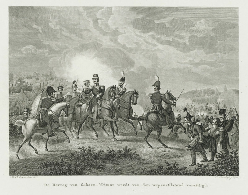 The Duke of Saxe-Weimar is notified of the armistice, Bernhard Duke of Saxe-Weimar receives news of the armistice, 1831, print, During the Battle of Leuven on August 12, Bernhard Duke of Saxe-Weimar receives the news that an armistice has been reached., printmaker: Walraad Nieuwhoff, Netherlands, after drawing by Haatje Pieters Oosterhuis, 1834, paper, etching, engraving, etching and engraving, height 240 mm x width 286 mm, Used as illustration in: Nicolaas Godfried van Kampen, Gedenkboek van Nederlands moed en trouw, tijdens den Belgischen opstand. Haarlem : Bohn, 1834., Person, Charles Bernhard (Duke of Saxe-Weimar-Eisenach), battle (land forces), Battle of Leuven, Louvain, Period, 1831-08-12, A detailed black and white engraving shows a large group of soldiers and officers in historical military uniforms on horseback and on foot across a landscape under a sky filled with dramatic clouds. Several mounted officers occupy the foreground, wearing decorated coats, plumed hats, and holdin...