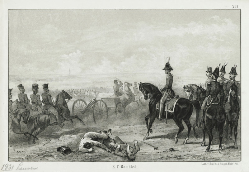 Battle of Leuven, 1831, print, historical print, The Prince of Orange surveys the battlefield during the Battle of Leuven on August 12, 1831. On the right, the Prince on horseback with his staff. Numbered top right: XCI., printmaker, after design by, printer (person), Netherlands, Haarlem, paper, tone lithography, tone lithography in black with a tone block in grey, height 159 mm x width 245 mm, Person, William II of the Netherlands, battle (land forces), Louvain, Period, 1831-08-12, A grayscale illustration showing mounted soldiers and officers on horseback facing a distant battlefield under a cloudy sky, with a group of soldiers and a cannon in the midground, several fallen men lying on the ground in the foreground near discarded helmets and a sword, and officers in uniform with plumed hats observing from the right side while more horsemen appear on the left.