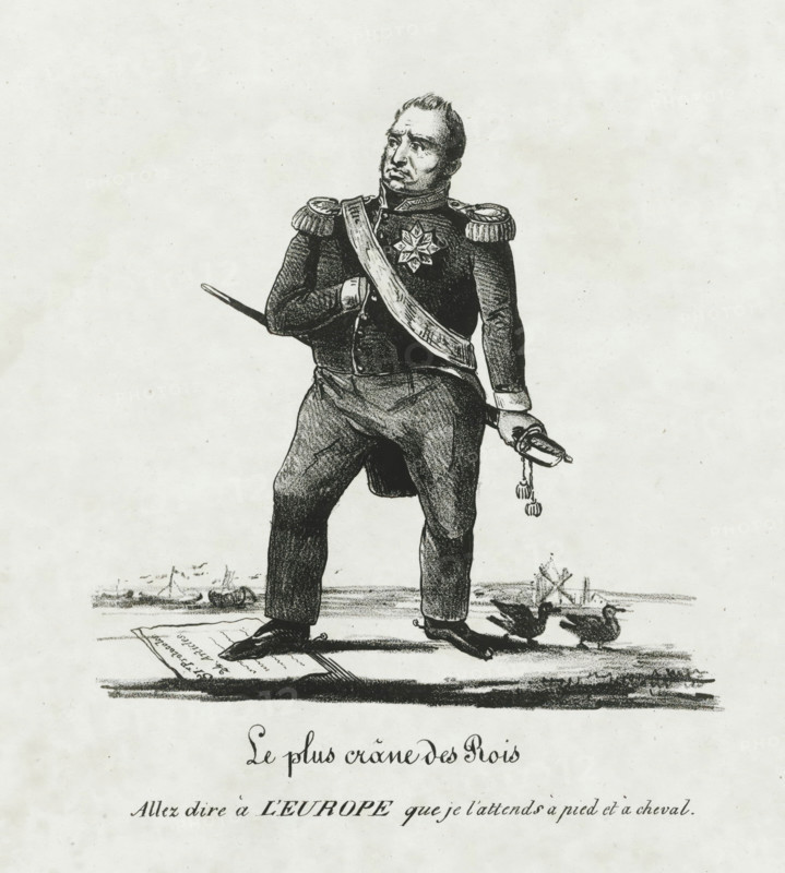 The bravest of Kings, The bravest king, 1831, print, Cartoon of King William I after the rejection of the Treaty of the 24 Articles of the London Conference, October 13, 1831. The king tramples underfoot the document of the 24 articles., printmaker, Belgium, paper, lithography, height 310 mm x width 241 mm, Person, William I of the Netherlands, trampling, treading, stamping on someone or something, Treaty of the 24 Articles, Period, 1831-10-13, A monochrome illustration of a man in a military uniform standing with one hand tucked into his coat and the other holding a sword by its hilt, the uniform featuring ornate shoulder epaulettes and a sash across his chest with a star-shaped medal pinned to it; he wears trousers and shoes and has a composed facial expression while looking slightly upward, and beneath his feet a folded sheet lies on the ground with small birds nearby and faint ship outlines in the background.