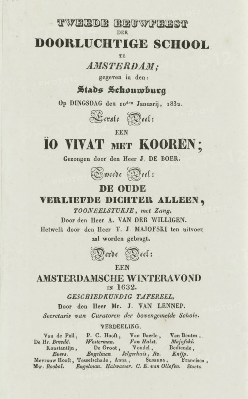 Announcement of the theatrical performance at the second centenary of the Athenaeum Illustre in Amsterdam, 1832, program, text sheet, Printed announcement or program for the theatrical evening on the occasion of the second centenary (1632-1832) of the Athenaeum Illustre in Amsterdam, at the Stadsschouwburg in Amsterdam, January 10, 1832. Program in three parts: song, a short play 'the old enamored poet alone' and the performance of the historical scene 'An Amsterdam winter evening in 1632', by Mr. Jacob van Lennep., printer (person), Amsterdam, paper, letterpress printing, text in letterpress, pasted with three other objects on a larger sheet of paper, height 215 mm x width 127 mm, Person, Athenaeum Illustre, stage, Stadsschouwburg (Amsterdam), Period, 1632, 1832-01-10, The image shows a vertical vintage printed page with multiple lines of centered ornamental typography in dark ink on a light aged background; various decorative typefaces and sizes are used, including bold block letters...