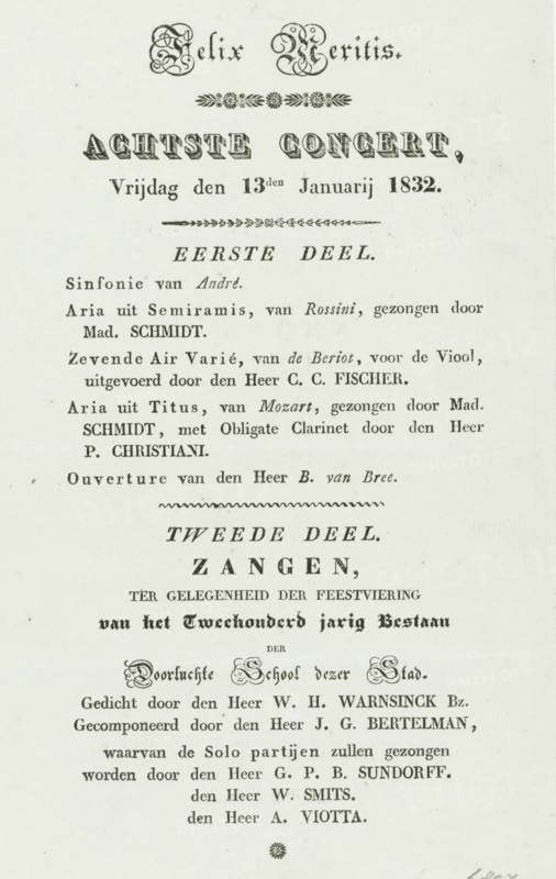 Program of the concert at the second centenary of the Athenaeum Illustre in Amsterdam, 1832, Felix Meritis, Eighth Concert, Friday, January 13, program, text sheet, Program of the concert in Felix Meritis on January 13, on the occasion of the second centenary (1632-1832) of the Athenaeum Illustre in Amsterdam. Text sheet printed on one side., printer (person), Amsterdam, paper, letterpress printing, text in letterpress, height 223 mm x width 140 mm, Person, Athenaeum Illustre, concert, Period, 1832-01-13, 1632, A vertically oriented aged paper document with ornate decorative elements and multiple lines of printed text in various typefaces and sizes, including bold and ornamental headings, centered headings with flourishes, short decorative dividers, and blocks of smaller body text arranged in left-aligned paragraphs. The top shows an elaborate script-style heading with decorative floral motifs beneath it, followed by a large bold headline in a shadowed block type. Below are several lin...