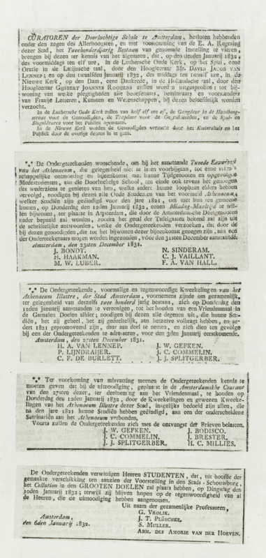 Newspaper clippings about the second centenary of the Athenaeum Illustre in Amsterdam, 1832, text sheet, newspaper clipping, Folded sheet on which a total of eight newspaper clippings are pasted, all relating to the celebration in January 1832 of the second centenary (1632-1832) of the Athenaeum Illustre in Amsterdam., printer (person), Amsterdam, paper, letterpress printing, text in letterpress, height 330 mm x width 205 mm, Person, Athenaeum Illustre, Period, 1632, 1832-01, A vertical sheet with multiple rectangular blocks of printed text arranged in a single column, each block separated by thin blank margins; the top block is a wide bordered rectangle with tightly set serif text filling the area, followed by several similarly styled rectangular notices of varying heights stacked below, each containing dense serif type and occasional short lines of centered names near the bottom of those blocks; the paper shows an off-white, slightly aged background with faint uneven discoloration an...