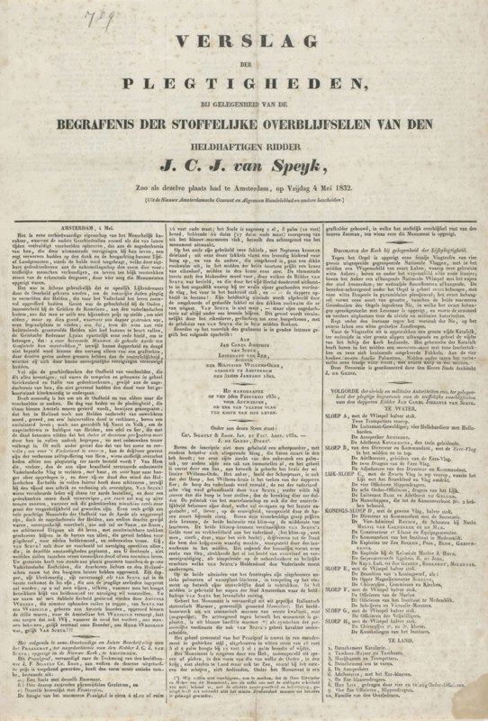 Report of the Ceremonies on the occasion of the burial of the remains of the heroic knight JCJ van Speyk, May 4, 1832, Report of the burial of Jan van Speyk, text sheet, Printed report of the burial of the remains of Jan van Speyk, in the Nieuwe Kerk in Amsterdam on May 4, 1832. Text sheet printed on both sides., printer (person): Diederichs, Gebroeders, Amsterdam, 1832-05, printer (person), paper, letterpress printing, text in letterpress, height 397 mm x width 270 mm, Person, Jan van Speyk, Burial of Jan van Speijk, Nieuwe Kerk (Amsterdam), Period, 1832-05-04, A vertically oriented aged paper document with dense columns of printed text and a large centered heading near the top, showing various typefaces and sizes; the paper has visible discoloration, brownish foxing spots, and a vertical crease down the middle; margins are unevenly worn with small stains and smudges along the edges; the layout features narrow columns separated by thin lines and blocks of smaller print, with a few lar...