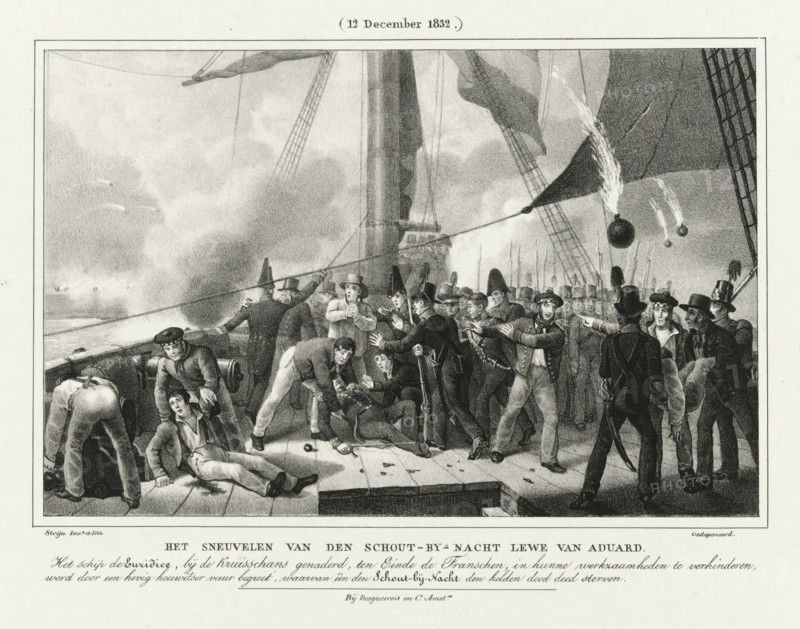 The death of Rear Admiral Lewe van Aduard, (12 December 1832.), Four plates of the defense of the Citadel 10-18 December 1832, print, Rear Admiral Jan Evert Lewe van Aduard is killed on board the ship Euridice at the Kruisschans on the Scheldt during a French bombardment, 12 December 1832. Part of a series of four plates of the Dutch defense during the siege of the Citadel of Antwerp by the French army, December 1832., : 'Registered', printmaker: Johannes Steyn, Netherlands, printer (person): Desguerrois & Co., Amsterdam, 1832 - 1833, printer (person), paper, lithography, lithografie, height 262 mm x width 353 mm, Person, Jan Evert Lewe van Aduard, bombardment, Battle for the Citadel of Antwerp (1832), Antwerp, Scheldt, Citadel of Antwerp (19th century), Period, 1832-12-12, A black and white engraving of a crowded ship deck showing many men in period clothing and naval uniforms clustered together with varied postures and expressions; some men are standing and pointing, others are bendi...
