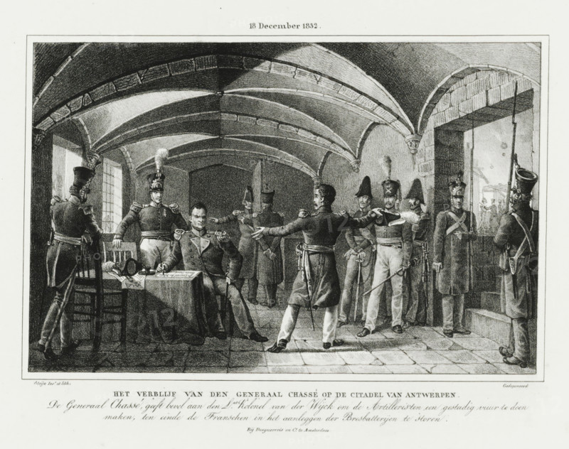 General Chassé's stay at the Citadel of Antwerp, (18 December 1832.), Four plates of the defense of the Citadel 10-18 December 1832, print, General Chassé in his bunker in the Citadel orders Lieutenant Colonel Van der Wijck to keep the French under artillery fire, 18 December 1832. Part of a series of four plates of the Dutch defense during the siege of the Citadel of Antwerp by the French army, December 1832., : 'Filed', printmaker: Johannes Steyn, Netherlands, after design by Johannes Steyn, printer (person): Desguerrois & Co., Amsterdam, 1832 - 1833, Johannes Steyn, Desguerrois & Co., printmaker, after design by, printer (person), paper, lithography, lithografie, height 244 mm x width 333 mm, Person, David Hendrik Baron Chassé, fortifications, military engineering, Battle for the Citadel of Antwerp (1832), Antwerp, Citadel of Antwerp (19th century), Period, 1832-12-18, A detailed monochrome engraving shows an interior stone vaulted hall with ribbed arches and tiled floor, filled wit...