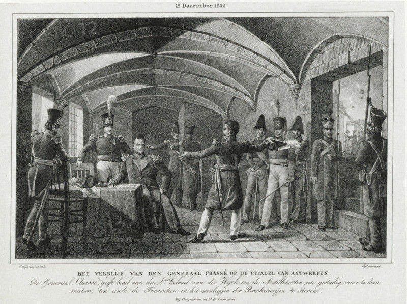 General Chassé's stay at the Citadel of Antwerp, December 18, 1832, Four plates of the defense of the Citadel December 10-18, print, General Chassé in his bunker in the Citadel orders Lieutenant Colonel Van der Wijck to keep the French under artillery fire, 1832. Part of a series of four plates of the Dutch defense during the siege of the Citadel of Antwerp by the French army, December 1832., : 'Filed', printmaker: Johannes Steyn, Netherlands, after design by Johannes Steyn, printer (person): Desguerrois & Co., Amsterdam, 1832 - 1833, Johannes Steyn, Desguerrois & Co., printmaker, after design by, printer (person), paper, chine collé, lithography, lithografie, height 257 mm x width 354 mm, Person, David Hendrik Baron Chassé, fortifications, military engineering, Battle for the Citadel of Antwerp (1832), Antwerp, Citadel of Antwerp (19th century), Period, 1832-12-18, A black and white engraving shows a vaulted stone interior with ribbed arches and a tiled floor, populated by uniformed s...