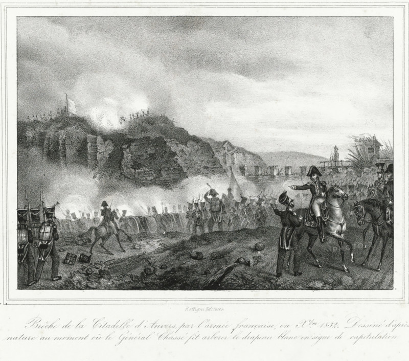 Bridge of the Citadel of Antwerp, by the French army, on December 1832. Drawn from nature at the moment General Chassé hoisted the white flag as a sign of capitulation, Surrender of the Citadel of Antwerp, 1832, print, General Chassé hoists a white flag as a sign of the capitulation of the Citadel of Antwerp on December 23, 1832. In the foreground the besieging French troops., printmaker, publisher, Brussels, Belgium, paper, lithography, height 236 mm x width 305 mm, Person, David Hendrik baron Chassé, surrender, war, capitulation, Battle for the Citadel of Antwerp (1832), Antwerp, Citadel of Antwerp (19th century), Period, 1832-12-23, A monochrome engraving shows a battlefield scene with dense smoke and explosions along a rocky hillside under a cloudy sky, soldiers in uniform forming lines and firing toward the hill, and groups of figures clustered near cannon fire; in the foreground an officer on horseback gestures while another kneels before him holding a hat, nearby other officers ...