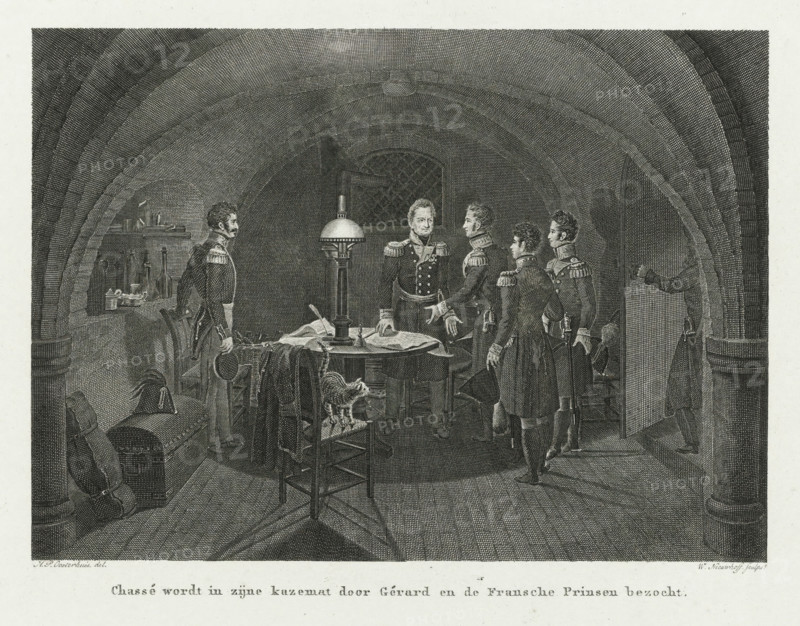 General Gérard visits General Chassé in the Citadel of Antwerp, 1832, Chassé is visited in his casemate by Gérard and the French Princes, print, The French General Gérard visits General Chassé in his quarters in the Citadel of Antwerp on December 24, after the surrender of the citadel., printmaker: Walraad Nieuwhoff, Netherlands, after drawing by Haatje Pieters Oosterhuis, 1833 - 1834, paper, etching, engraving, height 238 mm x width 286 mm, Used as illustration in: Nicolaas Godfried van Kampen, Gedenkboek van Nederlands moed en trouw, tijdens den Belgischen uprising. Haarlem : Bohn, 1834., Person, David Hendrik baron Chassé, Étienne Maurice Gérard, capture of city (after the siege), permanent fortifications, capitulation, Battle for the Citadel of Antwerp (1832), Antwerp, Citadel of Antwerp (19th century), Period, 1832-12-24, A monochrome engraving shows an arched, vaulted room with stonework forming curved ceilings and a small window set in the back wall. In the center a round wooden...
