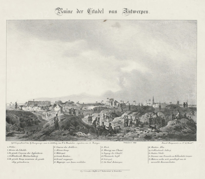 View of the ruins of the Citadel of Antwerp, 1832, Ruin of the Citadel of Antwerp, print, after the bombardment and the capture of the citadel on December 23, 1832. At the bottom the legend 1-22., : 'Filed. 1833', printmaker: Gijsbertus Craeyvanger, Netherlands, after drawing by Ferdinand De Braekeleer (I), Antwerp, printer (person): Desguerrois & Co., Amsterdam, publisher: Buffa & Co, Gebroeders, 1833, printer (person), paper, lithography, lithografie, height 338 mm x width 432 mm, This print from 1833 states that the lithograph was made after the painting by Craeyvanger which is owned by A. Rotigni., devastated, ruined place or city (, warfare), permanent fortifications, Battle for the Citadel of Antwerp (1832), Citadel of Antwerp (19th century), Period, 1832-12 - 1833-01, A wide horizontal engraving showing a distant town skyline with low buildings and spires under a large cloudy sky, a foreground of uneven, rocky ground with scattered debris and barrels, groups of uniformed soldier...
