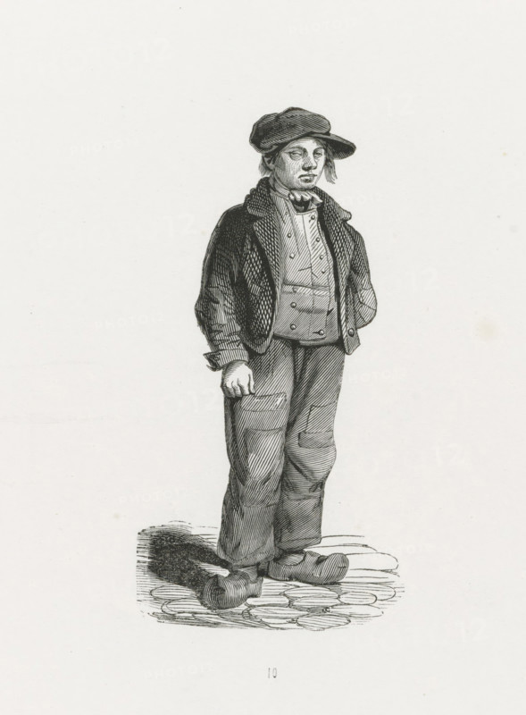 The Street Boy, 1840-1841, print, costume print, The Street Boy. Standing young man. Loose copy of an illustration from: a book with character sketches, professions and traditional costumes of Dutch folk types from 1841. Numbered: 10., printmaker: Henry Brown, Netherlands, 1840 - 1841, paper, wood engraving, height 275 mm x width 182 mm, Used as an illustration in: De Nederlanden : character sketches, traditional costumes, posture and appearance of various social classes : text by the most esteemed writers : with engravings by Henry Brown after drawings by the most prominent Dutch artists. The Hague, 1841., the poor, professional clothes, Period, A black and white line drawing of a standing young person wearing a wide-brimmed cap tilted to one side, a collared shirt with a buttoned vest over it, and a jacket with textured shading; the figure has loose trousers with visible knee patches and large shoes, one hand hanging by the side and the other tucked behind the back, with crosshatched...