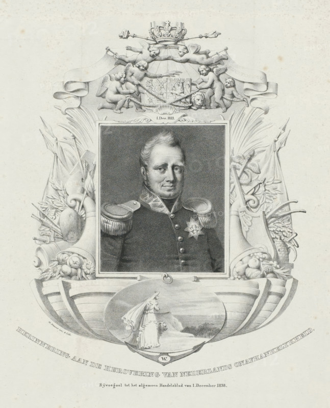Commemoration of the regaining of Dutch independence. Supplement to the Algemeen Handelsblad of December 1, 1838, print, Portrait of King William I within an allegorical frame resting on a ship's crown. At the bottom of the frame, a medallion with the Dutch Maiden looking upon a sunrise. On the occasion of the twenty-fifth anniversary of the reign of King William I, December 1, 1813-1838., printmaker: Michel Mourot, Netherlands, after design by Michel Mourot, publisher: Algemeen Handelsblad, Amsterdam, 1838-12-01, Michel Mourot, Algemeen Handelsblad, printmaker, after design by, publisher, paper, lithography, height 315 mm x width 269 mm, Person, William I of the Netherlands, personifications of countries, nations, states, districts, Period, A framed black and white portrait of a man in a military uniform with epaulettes and a star-shaped medal is centered within an ornate decorative composition featuring cherubs and a crowned coat of arms at the top, with flowing ribbons and a reclini...