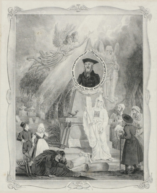 Mourning print on the death of Rabbi Samuel Berenstein, 1838, print, Mourning print on the death of Amsterdam Rabbi Samuel Berisch Berenstein, December 21, 1838. Allegorical tomb monument bearing a portrait of the rabbi. In the clouds, several angels. In front of the grave, a personification of the Jewish (Synagogue) faith with the tablets of the law; on the ground to the left, a grieving scribe. With two verses in Dutch and Hebrew., : 'The above drawing was printed at my lithographic printing house in Amsterdam on January 9, 1839 M. Dessauer, Presented to the Municipal Government of this city, by the undersigned as publisher of this plate in compliance with Art. 6 of the law of 1817. Ams. den 9 Yes: 1839 Belinfante & de Vita.', printmaker: Morris Jacob Dessaur (possibly), Amsterdam, publisher: Belinfante & De Vita, writer (clerical worker): Isaac Marcus Calisch, 1838-01-09, printer (person), writer (clerical worker), paper, chine collé, lithography, letterpress printing, with texts in...