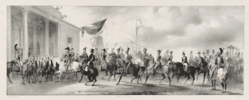 Entry of H.M. into the Willemspoort in Amsterdam, on 27 November 1840, print, Entry of King William II at the newly completed Willemspoort in Amsterdam on 27 November 1840. The King on horseback is welcomed by the mayor and councilors of the city. The King's entourage is also on horseback, with the carriage carrying the Queen at the rear of the procession. See also the pendant., printmaker: Carel Christiaan Antony Last, Netherlands, after drawing by Reinier Craeyvanger, printer (person): Hilmar Johannes Backer, 1841, Carel Christiaan Antony Last, Reinier Craeyvanger, Hilmar Johannes Backer, printmaker, after drawing by, printer (person), paper, lithography, lithografie, height 230 mm x width 450 mm, Used as illustration in: G. Engelberts Gerrits, Gedenkboek der inhuldiging van ZM Willem II. Haarlem: Kruseman and Leiden: Van der Pauw, 1841., Person, William II of the Netherlands, Inhuldiging van Willem II als koning der Nederlanden, Amsterdam, Willemspoort (Amsterdam), Period, 1840-11-2...