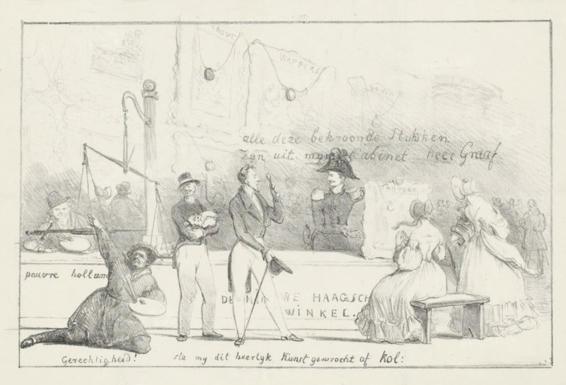 Caricature of the exhibition of living masters in The Hague, 1839, De Nieuwe Haagsche Winkel, cartoon, print, Caricature of the exhibition of paintings by living masters in The Hague in 1839. The award-winning works turned out to be mostly by Brabant artists and, according to rumors, already owned before the exhibition by Baron de Ceva, aide-de-camp to Prince Frederik and member of the exhibition committee. Behind a counter stands De Ceva with a painting he is showing to an interested customer. On the ground to the left, a desperate Dutch painter is pulling on a scale in vain; two Brabant painters look on amused, one with bags of money in his arms. On the back wall hang medal-winning paintings by Eeckhout and Wappers, among others., printmaker, Netherlands, paper, lithography, height 225 mm x width 327 mm, Person, Alexander Pierre Philip Cornelis Robert de Ceva, Gustave Wappers, Jacob Joseph Eeckhout, picture, painting, art collection, art gallery, exhibition, show, The Hague, Period, ...
