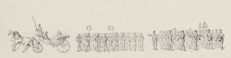 Plate 10. - Fig. 1, 4 Veterans, Decorated with the East Indian Cross, The band of the Amsterdam Militia, Historical costumed procession in Amsterdam on the 25th anniversary of the reign of King William III in 1874 (plate 10), Historical and Allegorical Procession in Amsterdam. May 12, 1874, print, Plate no. 10 with the part of the procession featuring a carriage with veterans from 1813-1815, a group of East Indian Cross bearers, and a band of the Amsterdam Militia. Part of a series of 24 plates of the costumed historical and allegorical procession held in Amsterdam on May 12, as part of the festivities during the celebration of the 25th anniversary of the reign of King William III., printmaker, publisher, printer (person), Amsterdam, Netherlands, paper, lithography, lithografie, height 115 mm x width 365 mm, The 'title on object' is taken from the text sheet with the explanation of the plates., Person, William III (King of the Netherlands), Vereeniging het Indische Kruis, military musi...