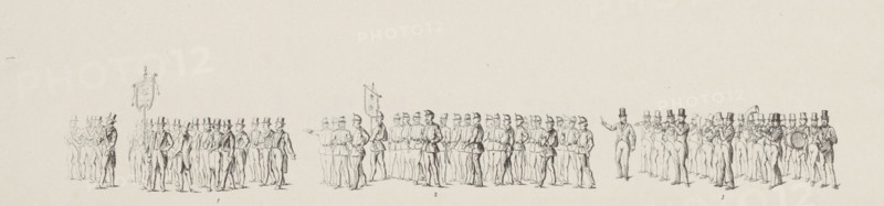 Plate 12. - Fig. 1. The Citadel of Antwerp Association under the motto 'Whatever falls, Loyalty stands firm', the Non-Commissioned Officers' Association 'Het Eereteeken', The Amstels Harmonie-Kapel Music Corps, Historical costumed procession in Amsterdam on the occasion of the 25th anniversary of King William III's reign in 1874 (plate 12), Historical and Allegorical Procession in Amsterdam. May 12, 1874, print, Plate no. 12 with the part of the procession featuring two military associations and a music corps. Part of a series of 24 plates of the costumed historical and allegorical procession held in Amsterdam on May 12, as part of the festivities during the celebration of the 25th anniversary of the reign of King William III., printmaker, publisher, printer (person), Amsterdam, Netherlands, paper, lithography, lithografie, height 115 mm x width 365 mm, The 'title on object' is taken from the text sheet with the explanation of the plates., Person, William III (King of the Netherlands),...